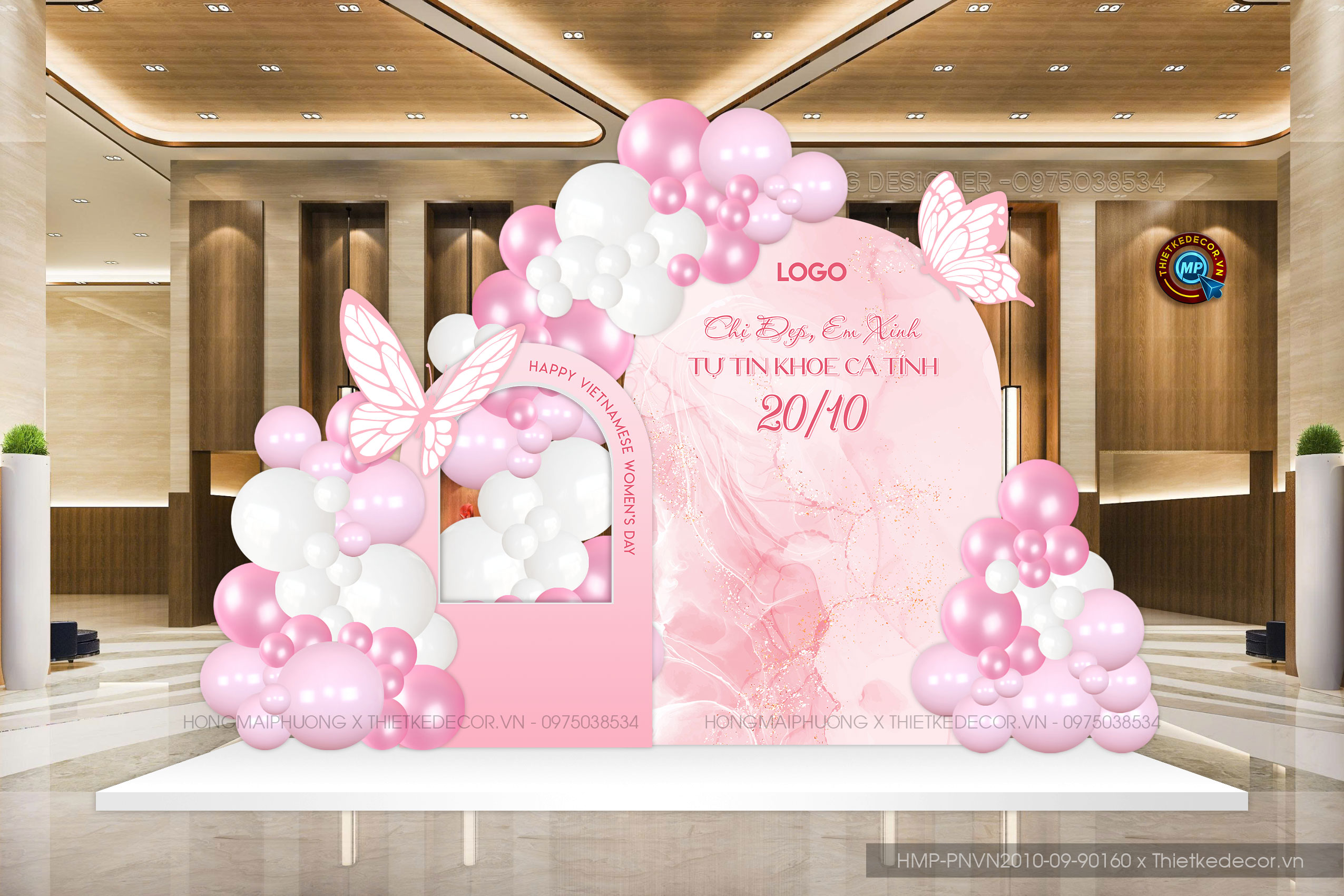 Backdrop checkin ngày PNVN 20-10 tone hồng mix bướm nền loang siêu yêu